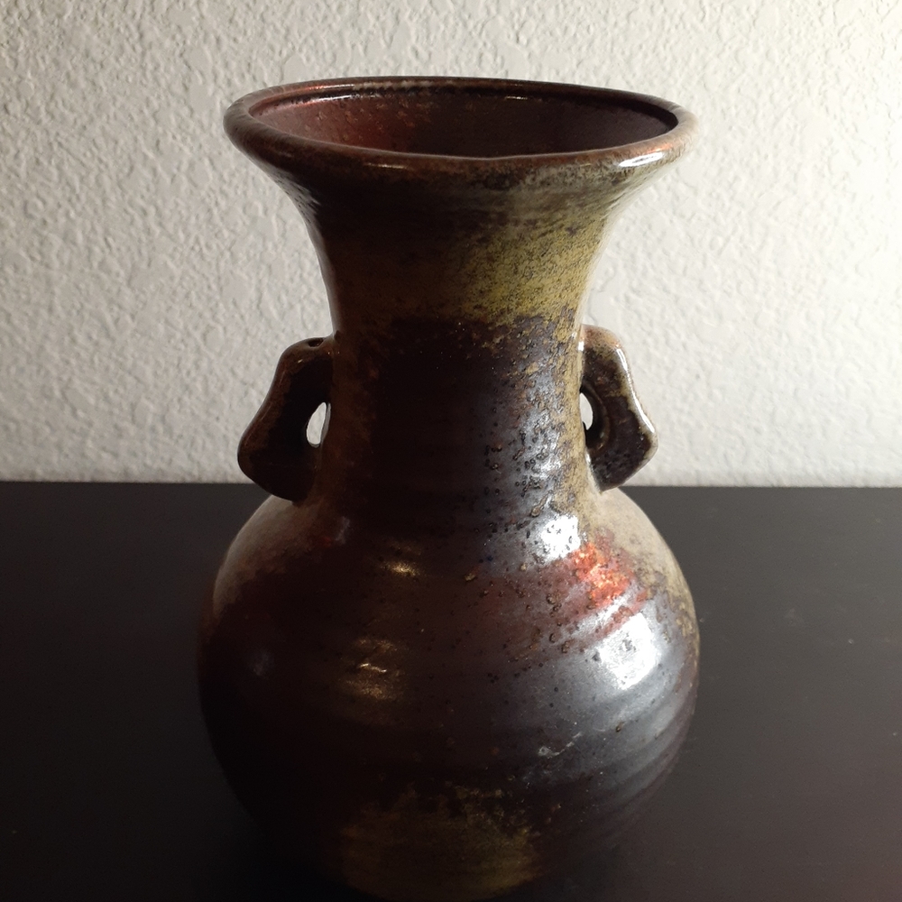 Brown Glazed Art Studio Ceramic Dual Handle 7" Decorative Vase.